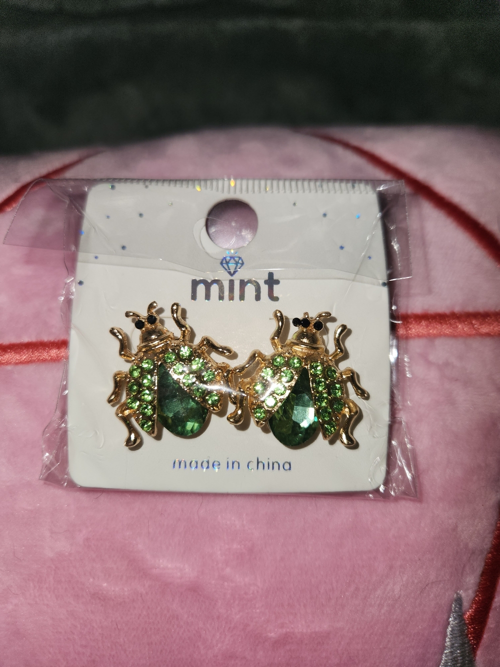 Mint Gold-tone Green Crystal Beetle Stud Earrings